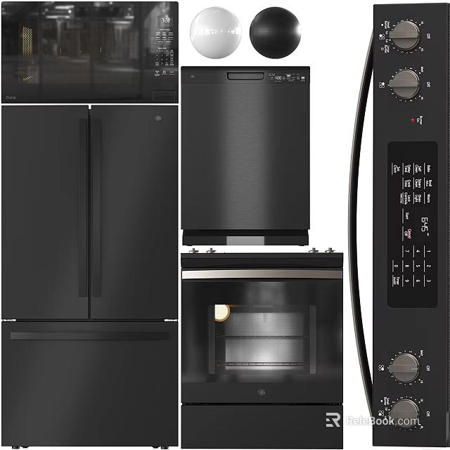 Modern Black Stainless Steel Kitchen Appliances Including Refrigerator Dishwasher And Microwave Oven 3d model 