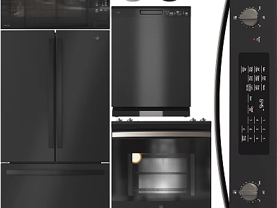 Modern Black Stainless Steel Kitchen Appliances Including Refrigerator Dishwasher And Microwave Oven 3d model