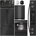 Modern Black Stainless Steel Kitchen Appliances Including Refrigerator Dishwasher And Microwave Oven