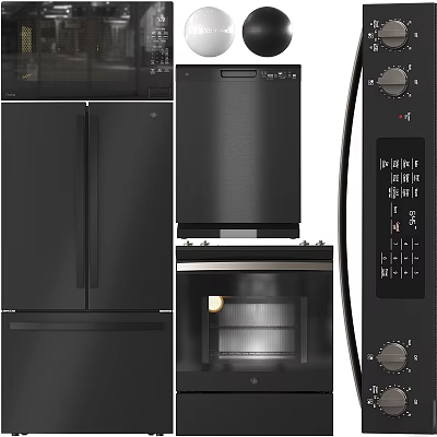 Modern Black Stainless Steel Kitchen Appliances Including Refrigerator Dishwasher And Microwave Oven 3d model