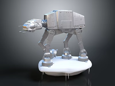 Detailed Metallic Mechanical Walker Model With Icicles On White Base And Mechanical Legs 3d model