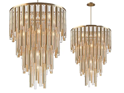Modern Golden Frame Chandeliers With Transparent Glass Rods Illuminated 3d model