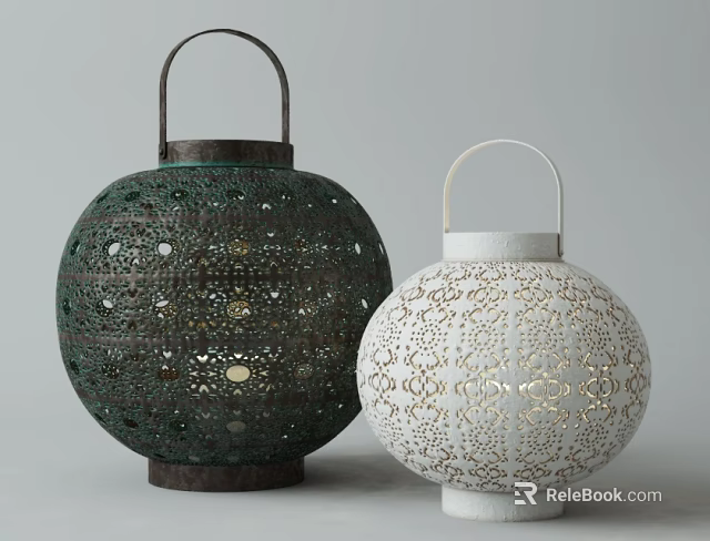 Two Dark Green and White Decorative Candle Lanterns with Intricate Cutout Patterns and Handle Top 3d model 