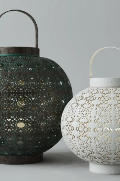 Two Dark Green and White Decorative Candle Lanterns with Intricate Cutout Patterns and Handle Top 3d model