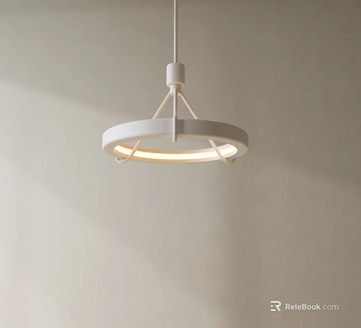 Modern White Circular Pendant Light With Illuminated Ring Design Against Light Wall 3d model