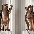 Bronze Bear Sculptures On Marble Pedestals With Golden Spherical Decorations And Wall Curled Carving
