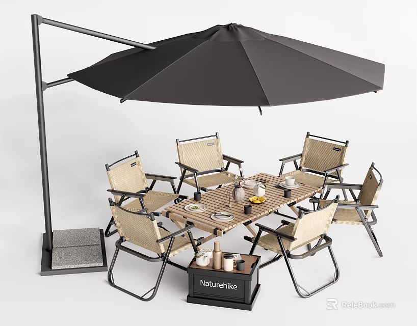 Outdoor Dining Table with Rattan Chairs Black Umbrella and Metal Frame for Garden Use 3d model 