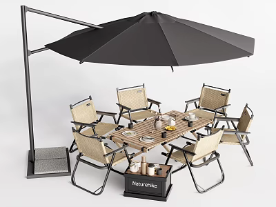 Outdoor Dining Table with Rattan Chairs Black Umbrella and Metal Frame for Garden Use 3d model