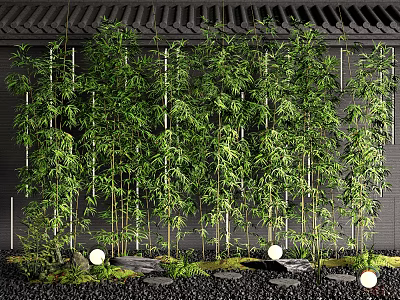 Bamboo Arrangement In Elegant Garden With Pebbles Moss And Lighting 3d model