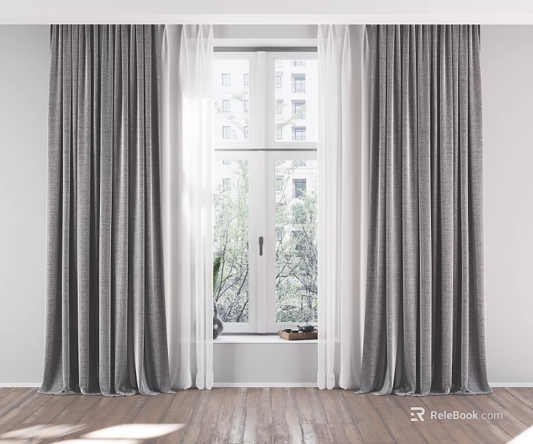Gray Linen Curtains With White Sheer Panels By Window On Wooden Floor And Green Plants 3d model 