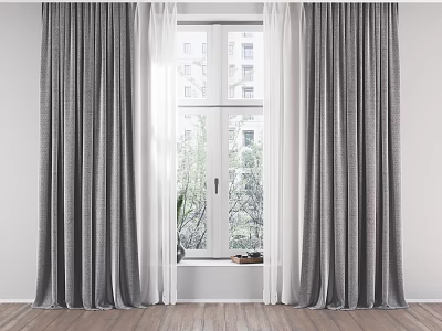 Gray Linen Curtains With White Sheer Panels By Window On Wooden Floor And Green Plants 3d model