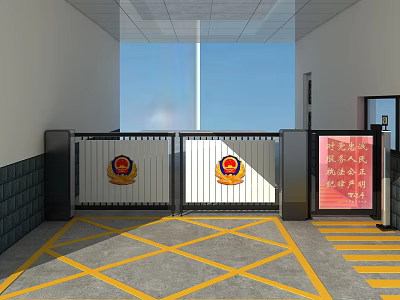 Official Entrance Gate With Emblems Yellow Grid Lines And Pink Signboard Against Blue Sky Background 3d model