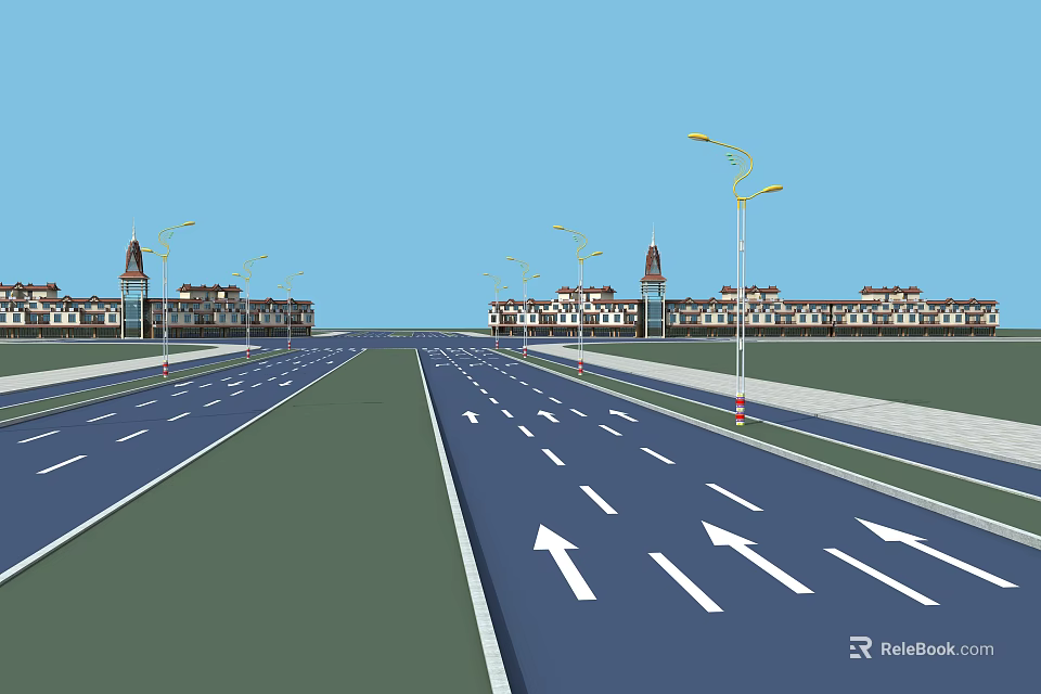 Road Infrastructure Featuring Wide Urban Road With White Directional Arrows Street Lamps And Buildings 3d model 