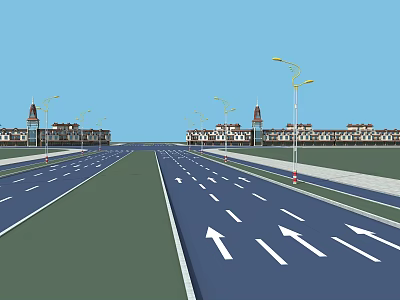 Road Infrastructure Featuring Wide Urban Road With White Directional Arrows Street Lamps And Buildings 3d model