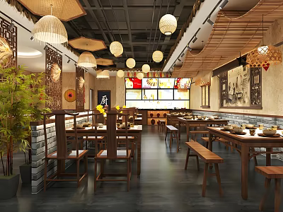Traditional Chinese Restaurant Interior With Bamboo Lanterns Wooden Tables Chairs Green Plants And Wall Decorations 3d model