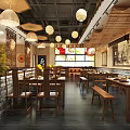 Traditional Chinese Restaurant Interior With Bamboo Lanterns Wooden Tables Chairs Green Plants And Wall Decorations