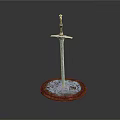 Medieval Sword Standing On Frozen Wooden Base With Icy Details