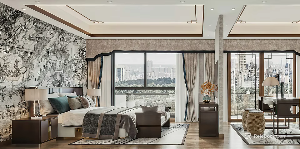 Modern Chinese Style Bedroom With Large Bed Decorative Wallpaper Curtains City View And Bench 3d model 