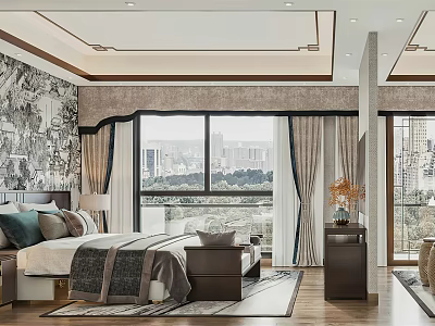 Modern Chinese Style Bedroom With Large Bed Decorative Wallpaper Curtains City View And Bench 3d model