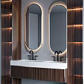 Modern Bathroom Vanity With Double Oval Mirrors Light Strips And Wooden Walls