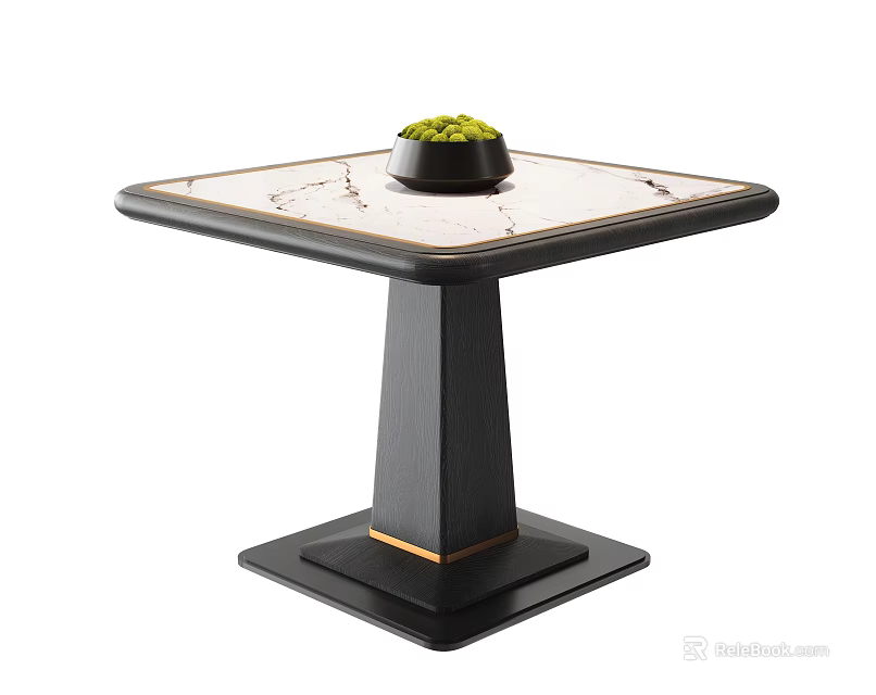 Modern Dining Table With Marble Top Black Base Gold Accents And Green Plant 3d model 