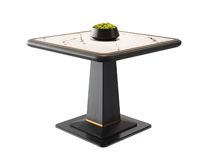 Modern Dining Table With Marble Top Black Base Gold Accents And Green Plant 3d model