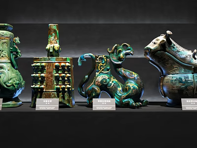 Ancient Bronze Sculptures With Intricate Carvings And Animal Shapes 3d model