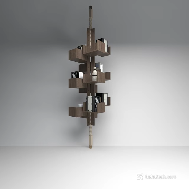 Modern Wooden Bookcase With Unique Vertical Structure And Multiple Staggered Shelves 3d model