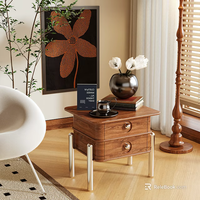 Modern Wooden Nightstand With Metal Legs Drawers Vase Books And Coffee Cup 3d model 