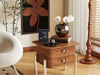 Modern Wooden Nightstand With Metal Legs Drawers Vase Books And Coffee Cup 3d model