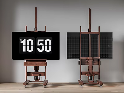 Two Modern TVs on Walnut Wooden Mobile Stands with Sleek Black Screens 3d model