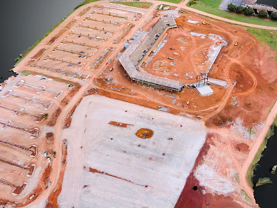 Aerial View Of Large Construction Site With Multiple Building Areas And Foundation Work 3d model