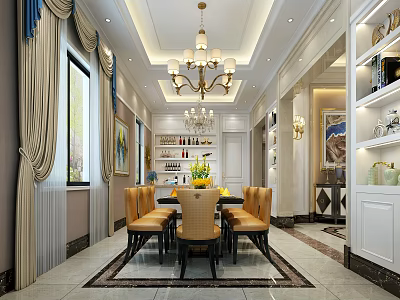Elegant Restaurant Interior With Dining Table Chairs Chandelier Decorative Paintings And Marble Flooring 3d model