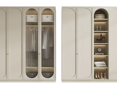 Modern Light Colored Wardrobe With Glass Doors Open Shelves And Storage Compartments 3d model
