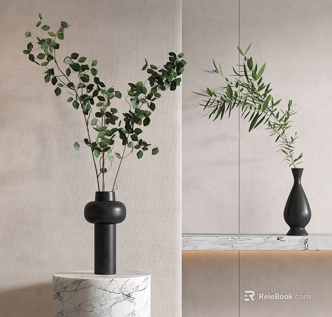 Black Vases with Green Foliage on White Marble Countertop in Minimalist Interior 3d model 