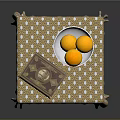 Old Book On Small Table With Yellow Polka Dot Tablecloth White Bowl And Two Oranges