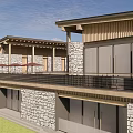 Rustic Guesthouse Building With Stone Walls Wooden Terrace And Red Umbrellas