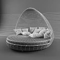 Elegant Round Bed With Rattan Frame Egg Shaped Design And White Pillows 3d model