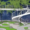 Spiral Landscape Bridge Surrounded by Trees with Starry Sky Background and Stone Path Green Lawn