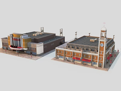 Two Adjacent Commercial Buildings With Clock Tower And Theater Style Storefronts 3d model