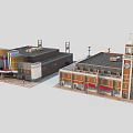 Two Adjacent Commercial Buildings With Clock Tower And Theater Style Storefronts