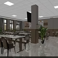 Bright Restaurant Interior With White Tables Beige Chairs Wall TV And Ceiling Lights