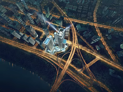 Aerial View of Modern Office Building Surrounded by Urban Traffic Network With Illuminated Night Lights 3d model