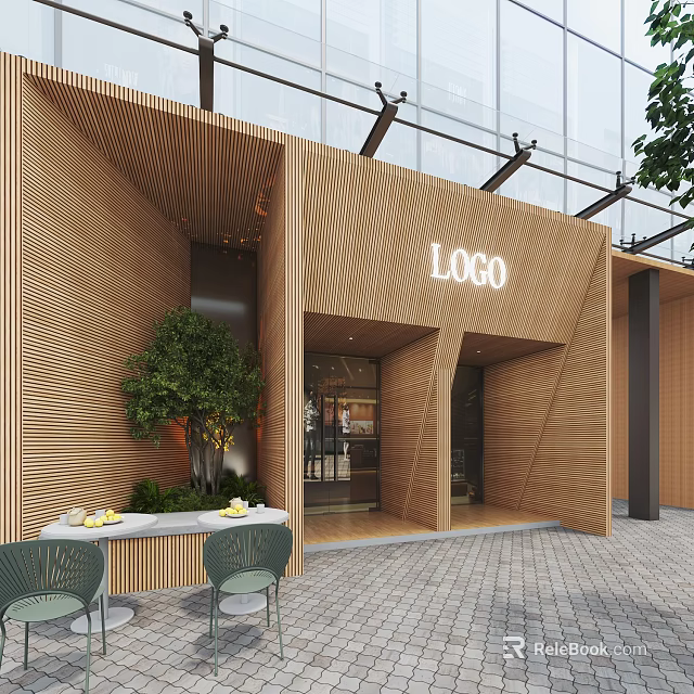 Modern Mall Store Exterior With Wooden Facade Green Plant Glass Canopy And Outdoor Seating 3d model 