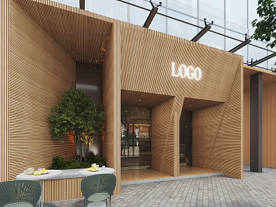 Modern Mall Store Exterior With Wooden Facade Green Plant Glass Canopy And Outdoor Seating 3d model