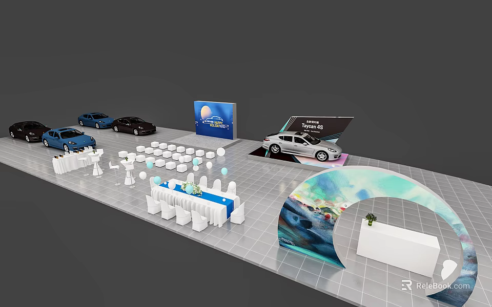 Modern Car Exhibition Area With White Tables Chairs Display Screens And Curved Decor 3d model 