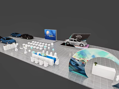 Modern Car Exhibition Area With White Tables Chairs Display Screens And Curved Decor 3d model