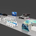 Modern Car Exhibition Area With White Tables Chairs Display Screens And Curved Decor