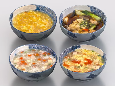 Variety of Chinese Soups in Blue and White Porcelain Bowls 3d model