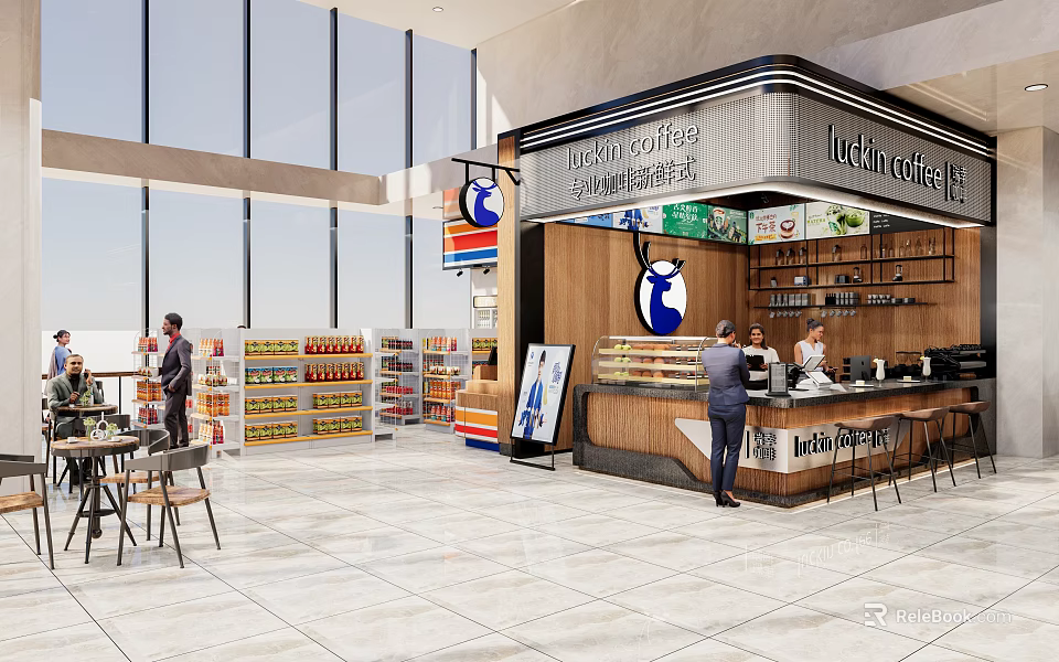 Modern Luckin Coffee Shop Interior Featuring Counter Shelves Customers And Large Windows 3d model 